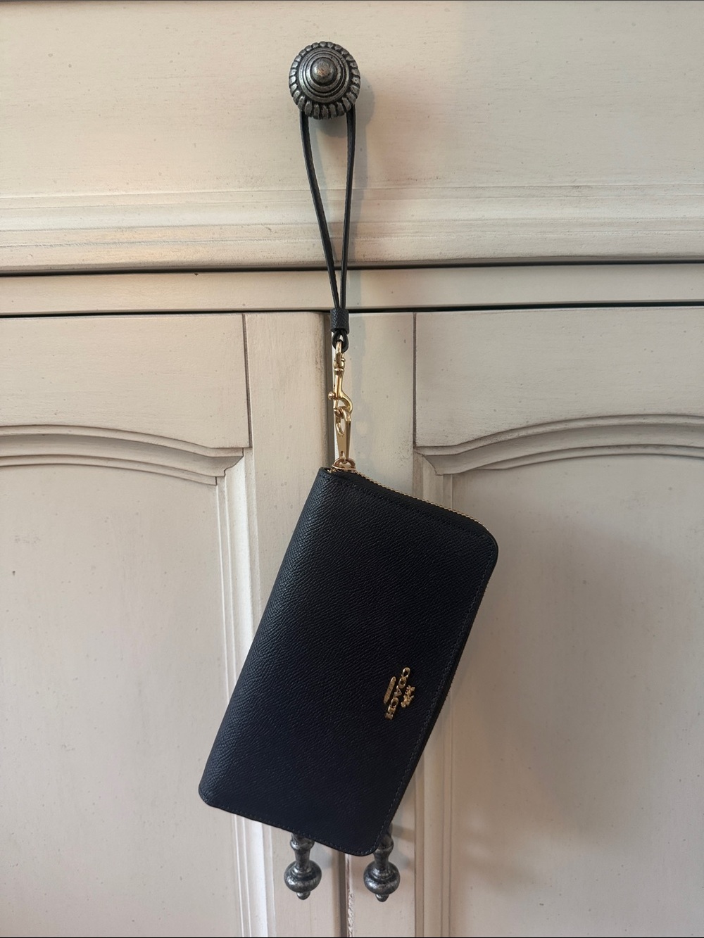 Coach Dark Navy Blue Pebble Leather Zip Wallet with Gold Hardware